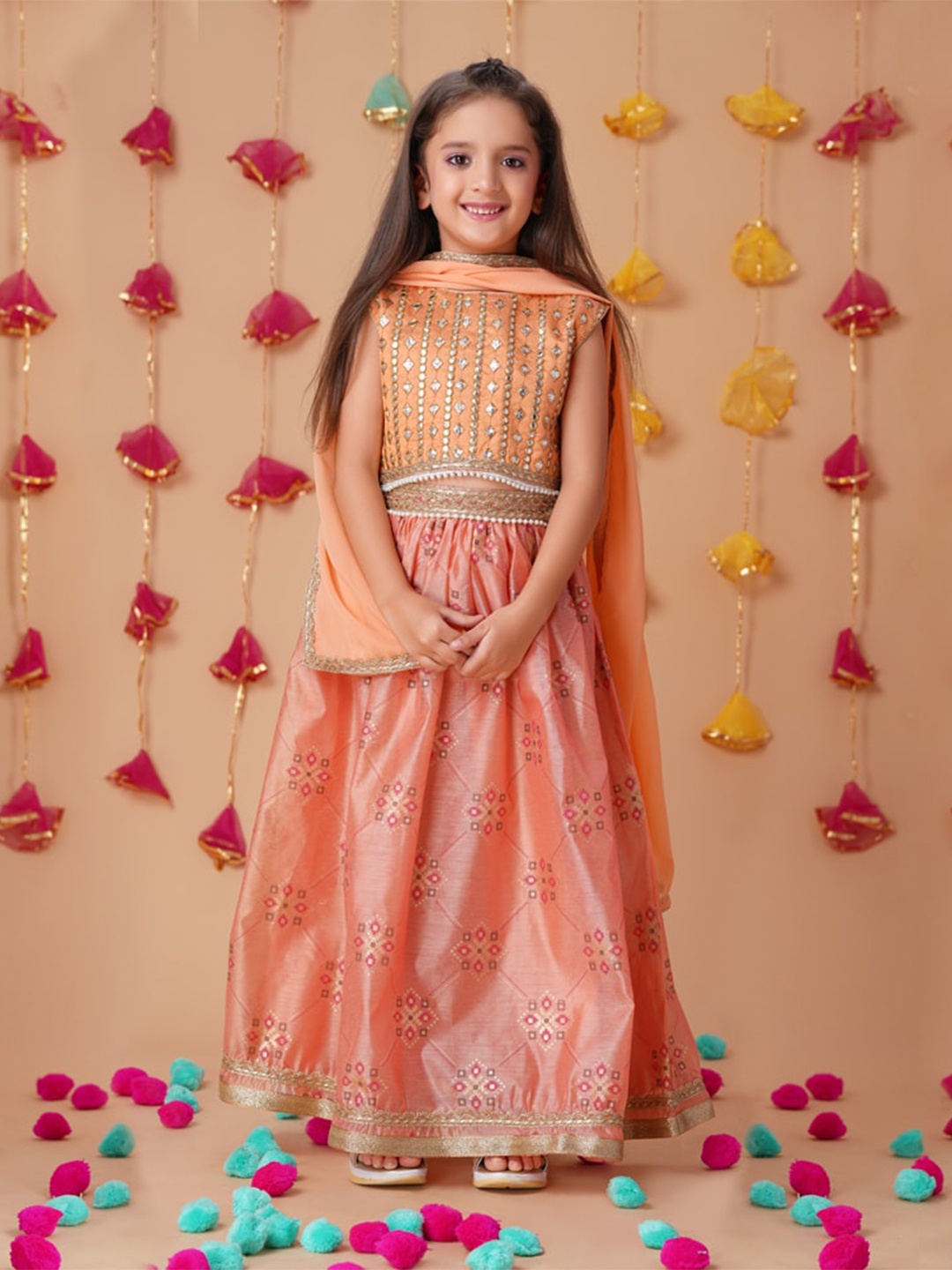 

House of Pataudi Girls Embellished Ready To Wear Lehenga Choli With Dupatta, Peach