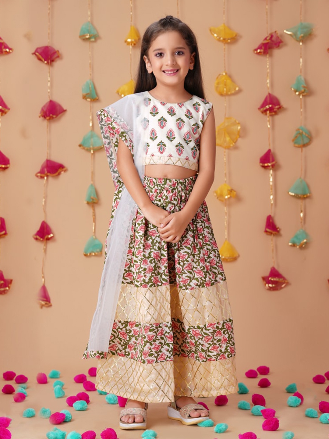 

House of Pataudi Girls Printed Ready To Wear Lehenga Choli With Dupatta, Off white