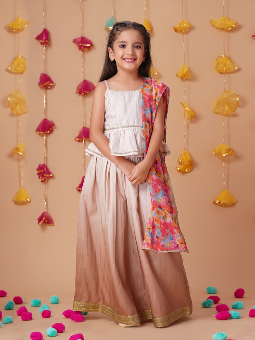

House of Pataudi Girls Embellished Ready To Wear Lehenga Choli With Dupatta, Brown