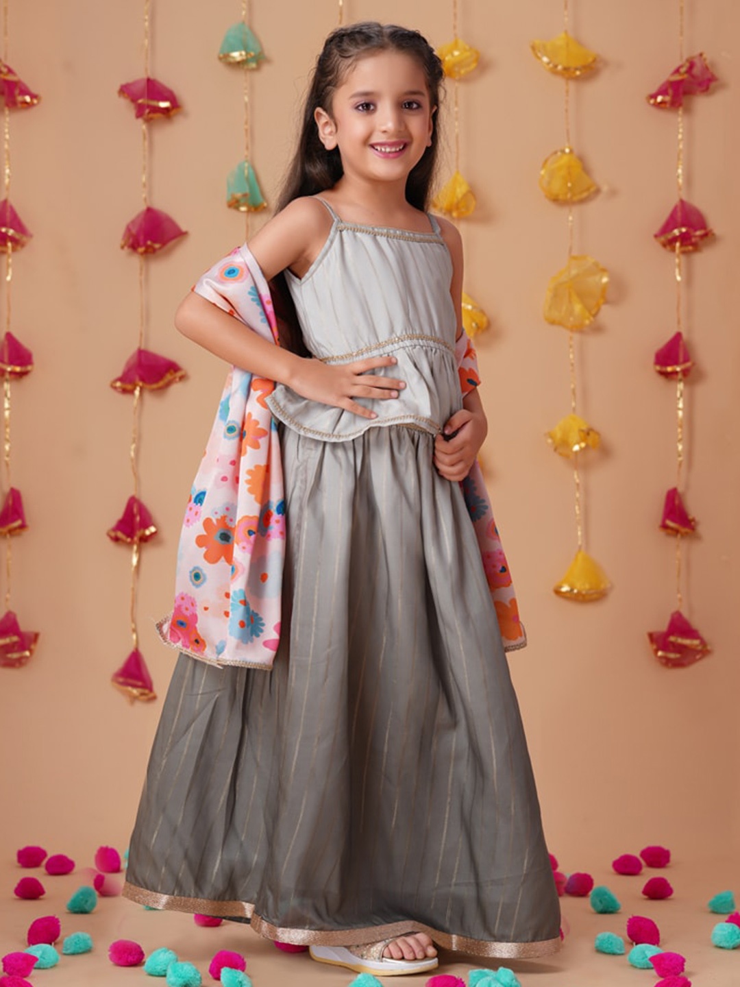 

House of Pataudi Girls Ready To Wear Lehenga Choli With Dupatta, Olive
