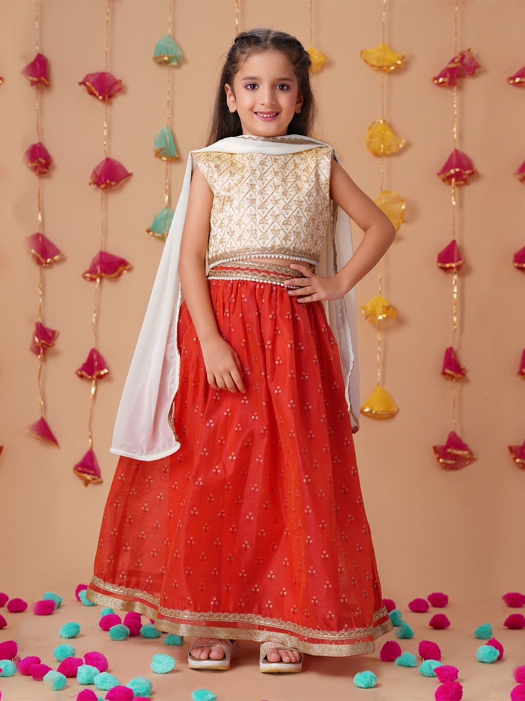 

House of Pataudi Girls Embroidered Ready To Wear Lehenga Choli With Dupatta, Red