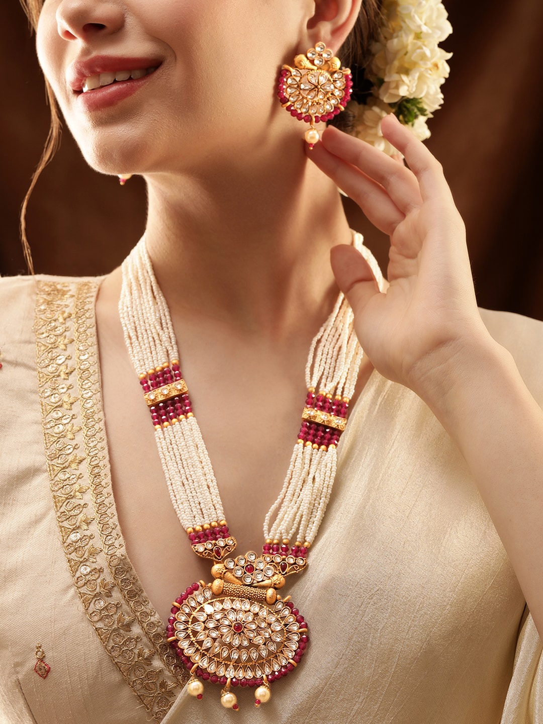 

Rubans 22K Gold Plated Ruby, Polki & Kundan Studded Pearl Beaded Multistrand Jewellery Set