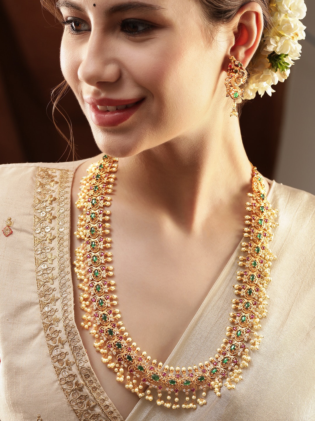 

Rubans 22K Gold-Plated Green & Ruby Kundan Studed Handcrafted Necklace Set with Pearl Bead