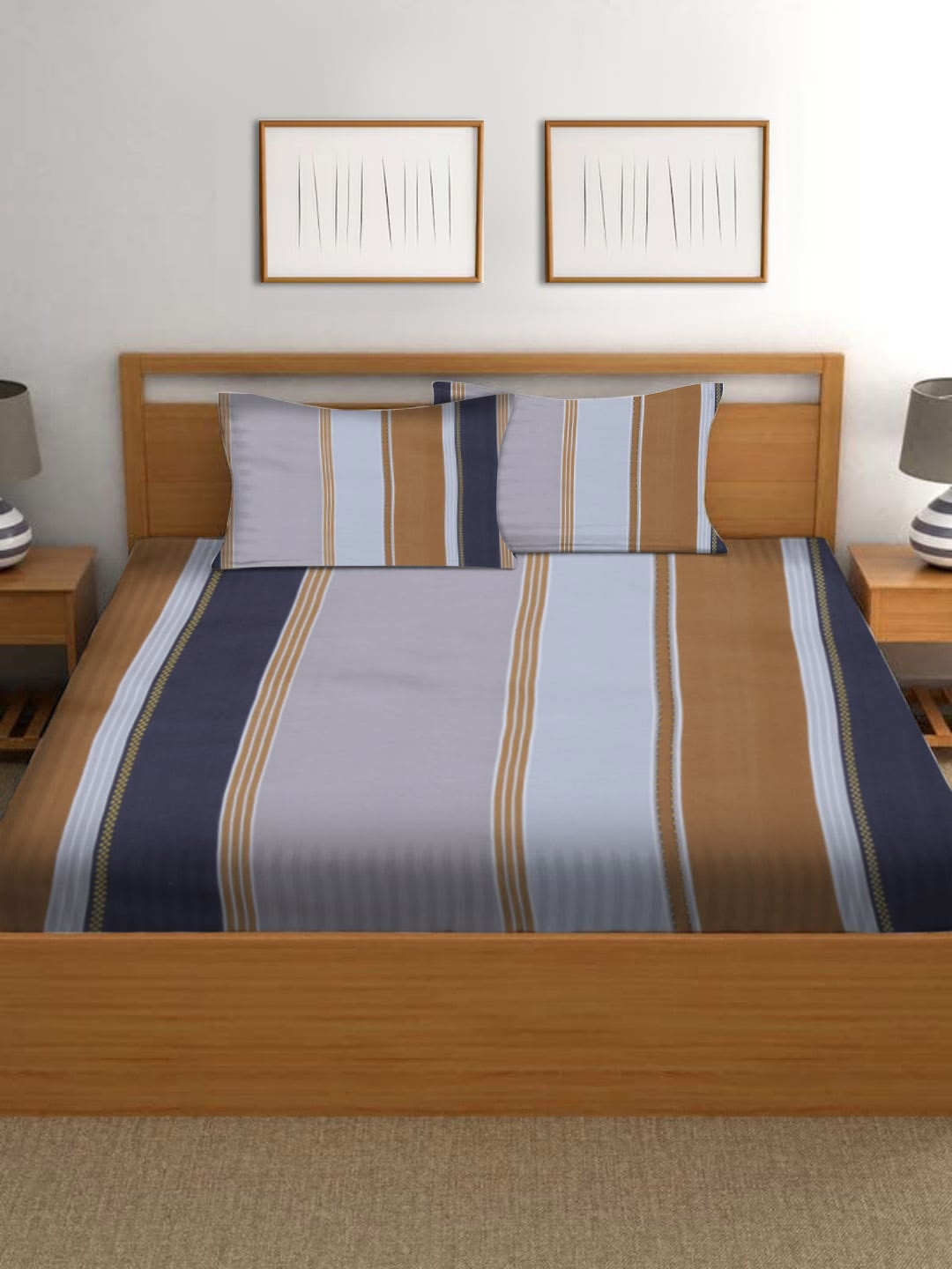 

homewards Brown & Navy Blue Striped 150GSM Cotton Double King Bedding Set