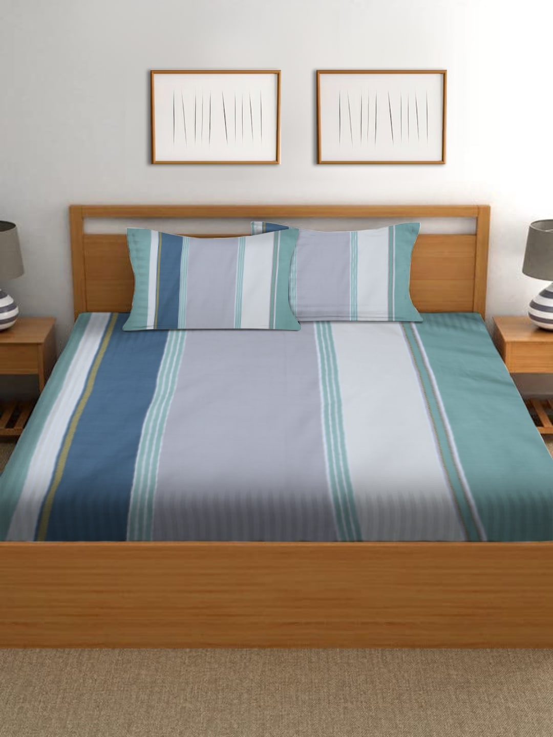 

homewards Grey & Green Striped 150 GSM Cotton Double King Bedding Set