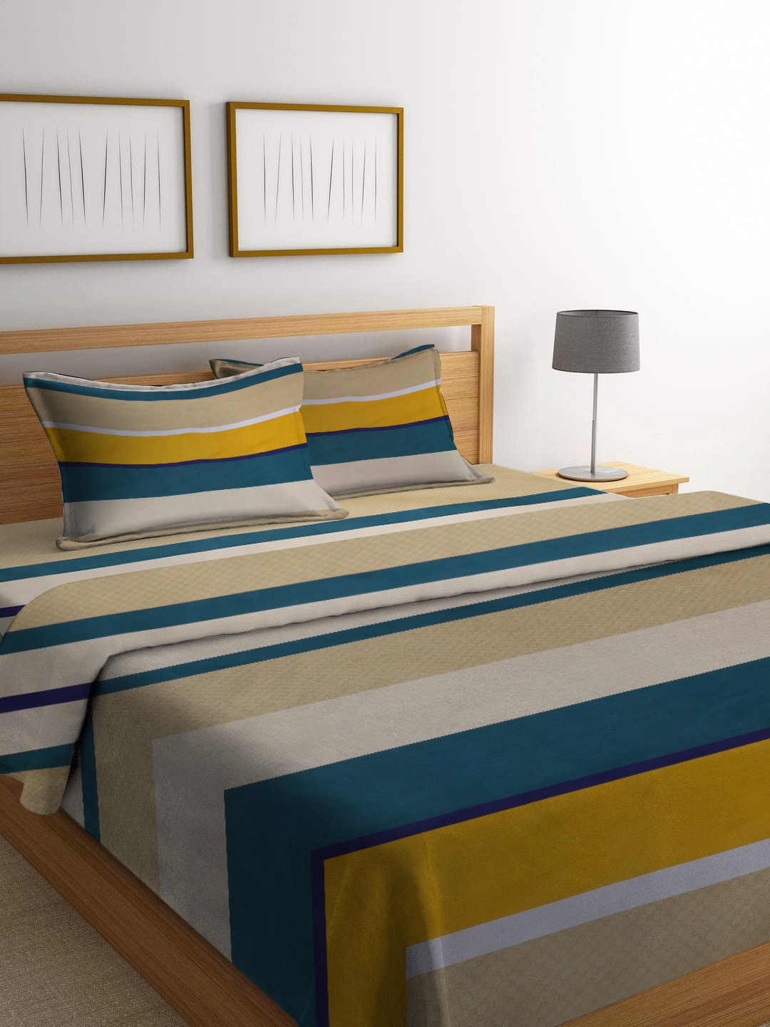 

homewards Beige & Teal Green Striped Printed 150 GSM Cotton Double King Bedding Set