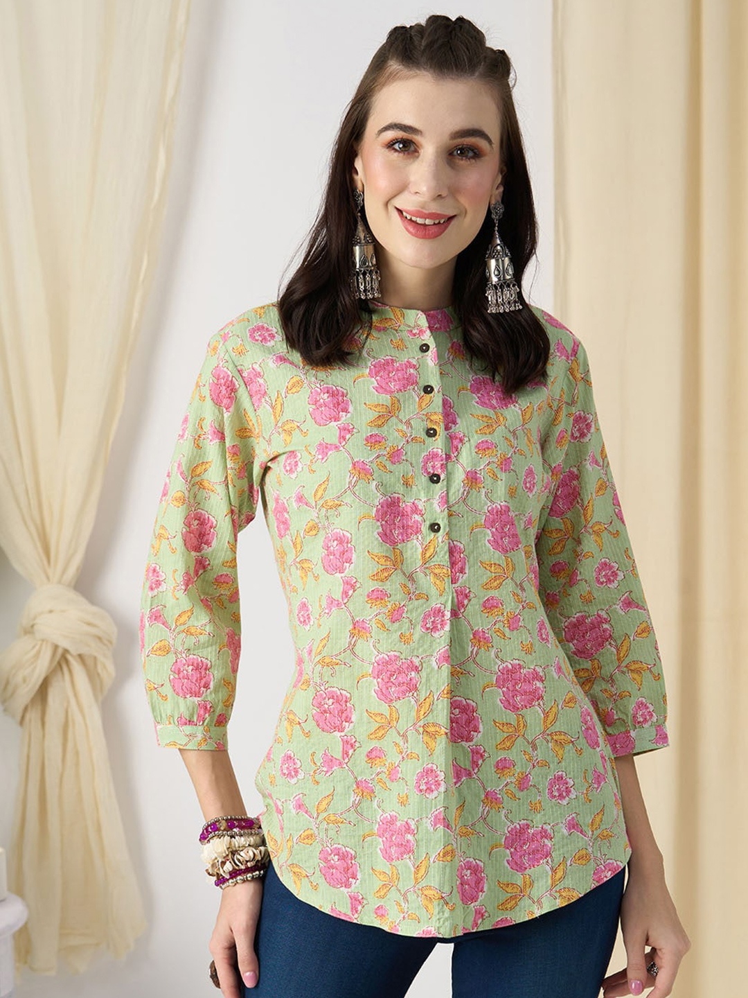 

ZOLA Green & Pink Floral Printed Mandarin Collar Cotton Tunic