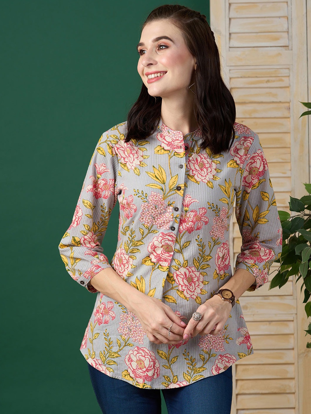 

ZOLA Grey & Yellow Floral Printed Mandarin Collar Cotton Tunic