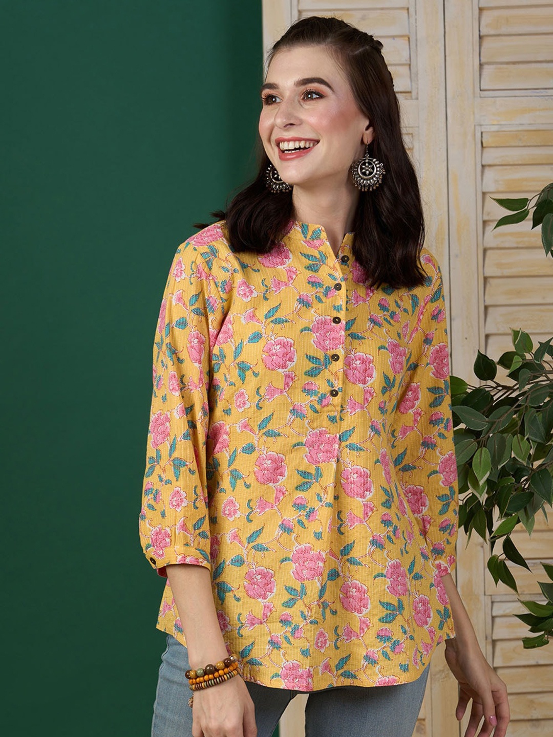 

ZOLA Floral Printed Mandarin Collar Cotton Tunic, Mustard