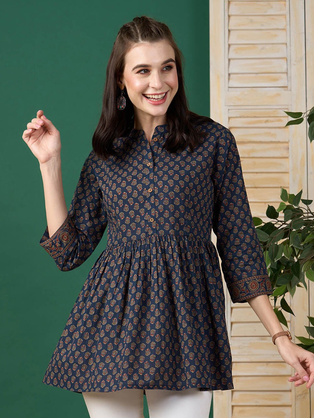 

ZOLA Mandarin Collar Ethnic Motif Printed Tunic, Grey