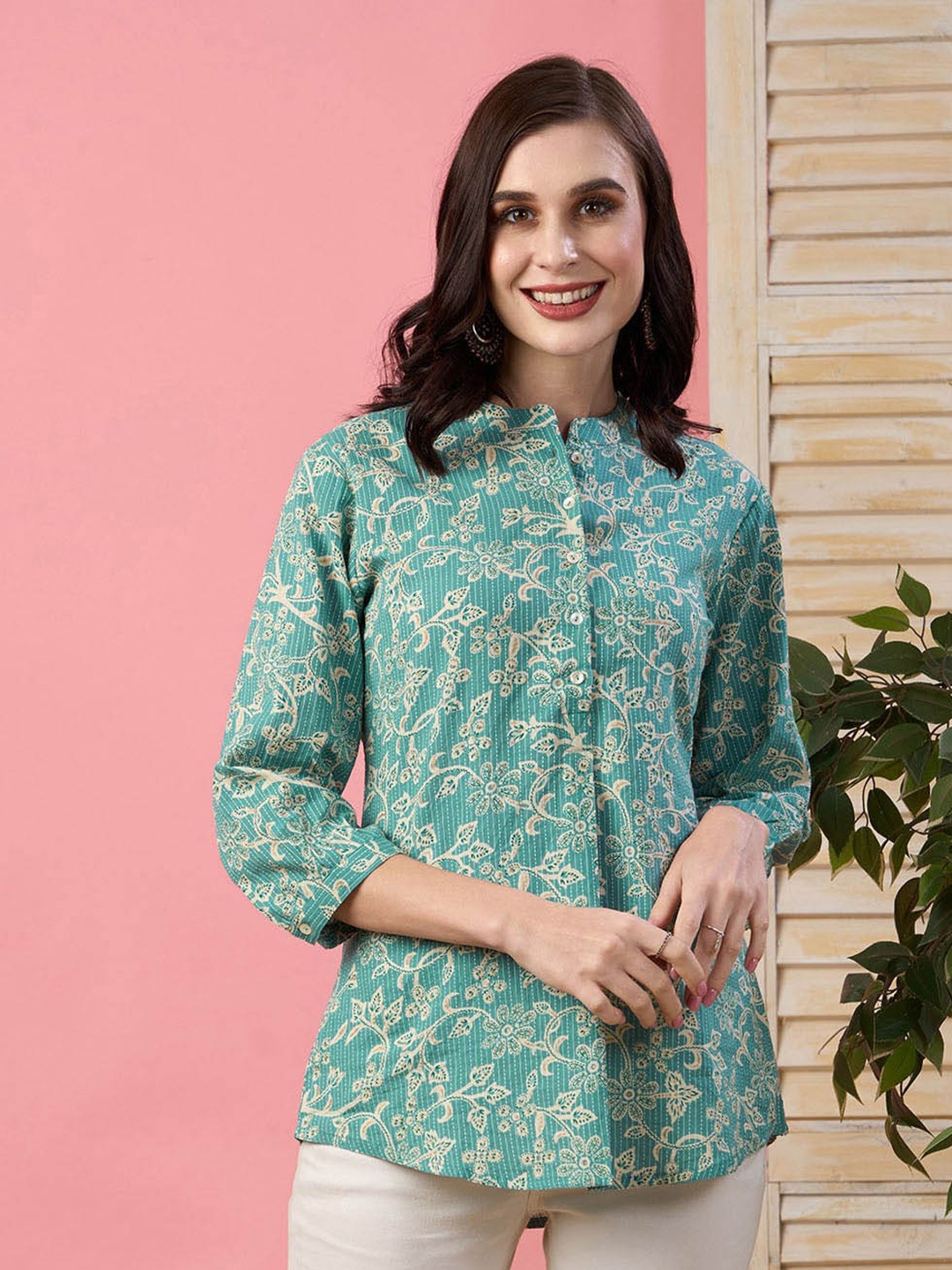 

ZOLA Mandarin Collar Floral Printed Tunic, Teal