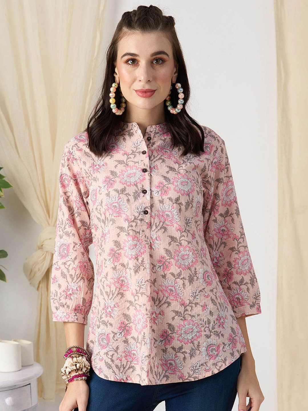 

ZOLA Pink & Green Floral Printed Mandarin Collar Cotton Tunic