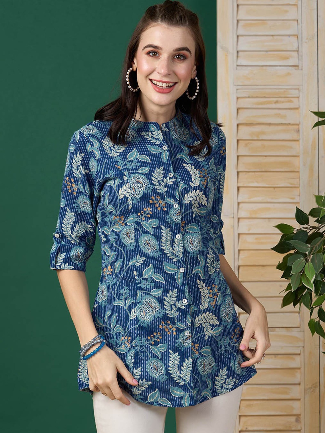 

ZOLA Floral Printed Mandarin Collar Tunic, Blue