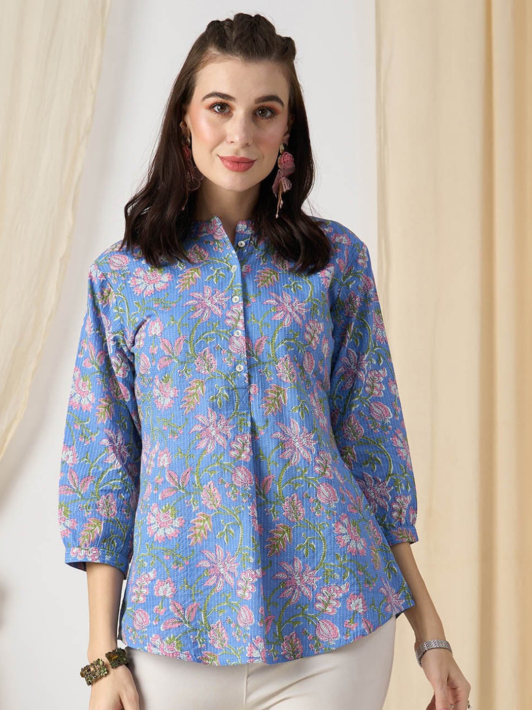 

ZOLA Blue & Green Floral Printed Mandarin Collar Cotton Tunic