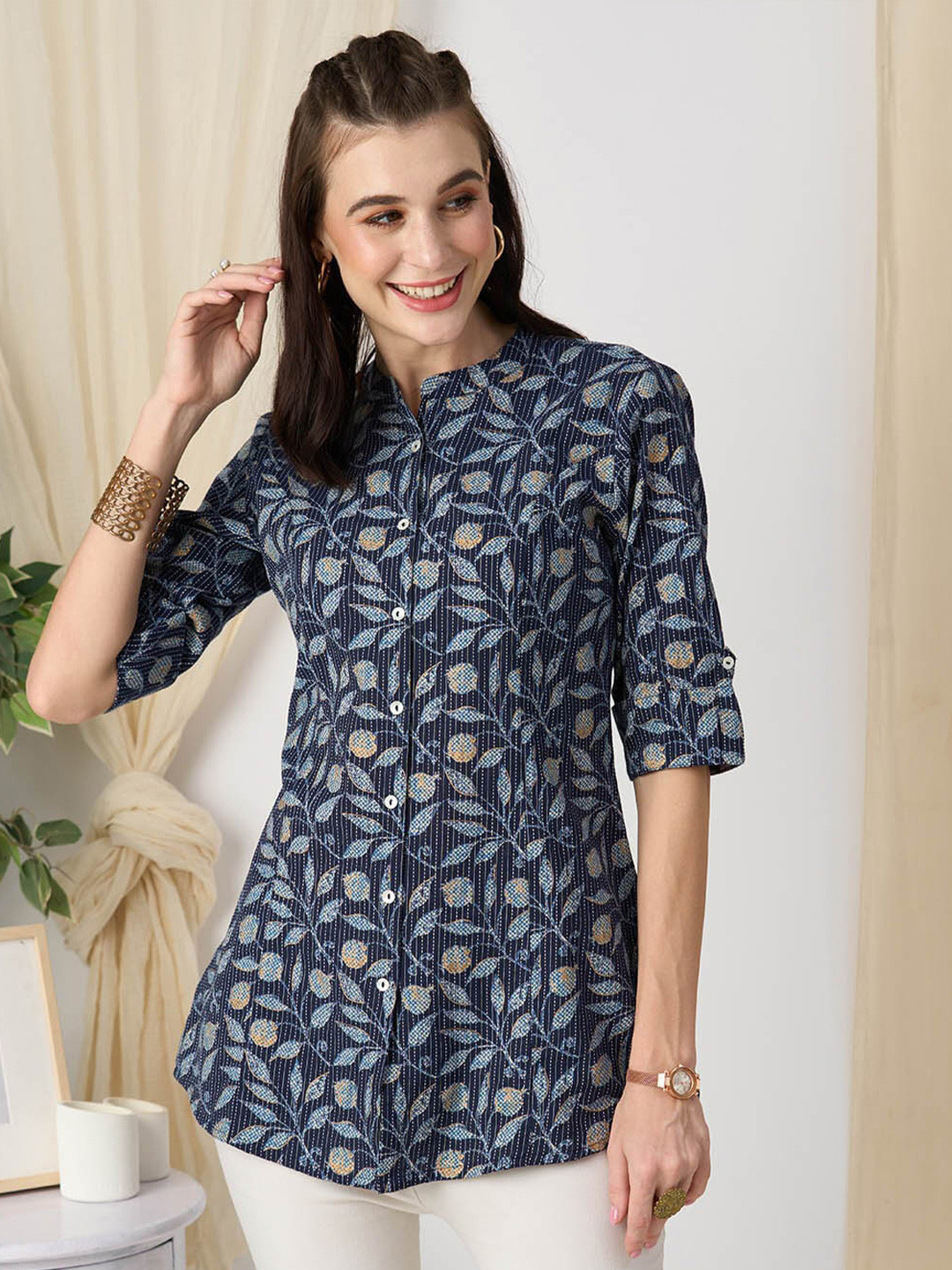

ZOLA Floral Printed Mandarin Collar Cotton Tunic, Navy blue