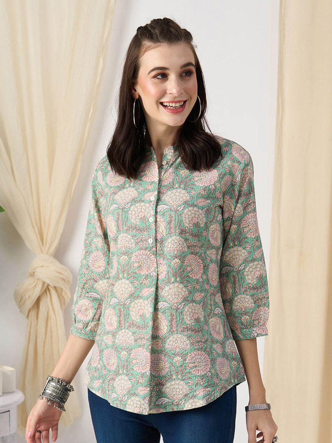 

ZOLA Green & Pink Floral Printed Mandarin Collar Cotton Tunic