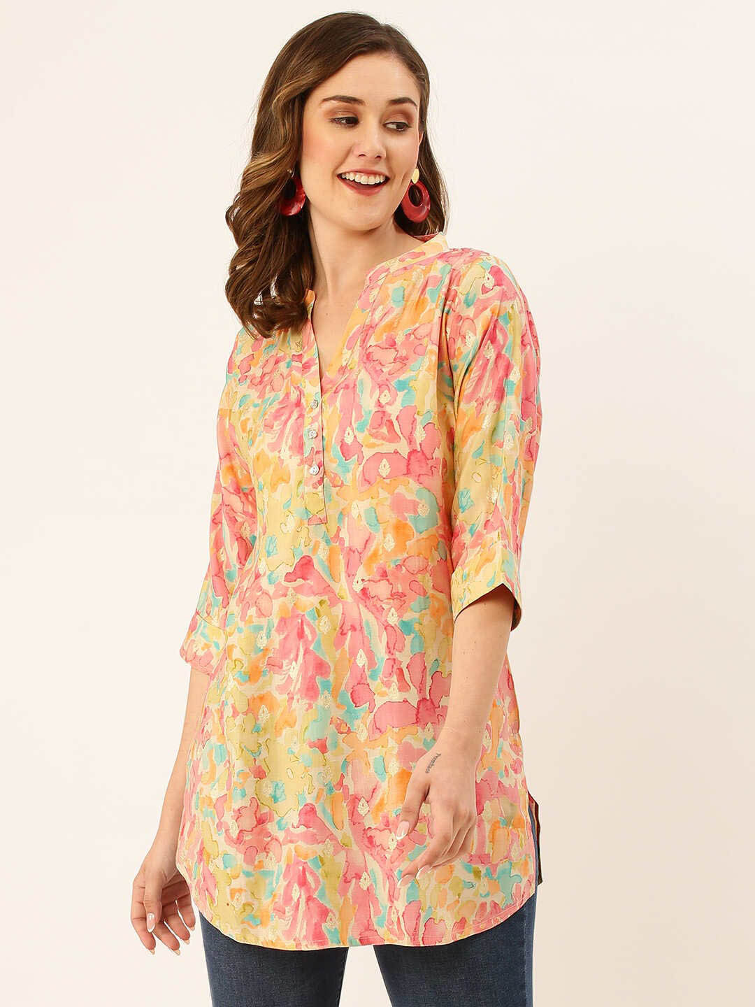 

ZOLA Abstract Printed Mandarin Collar Tunic, Pink