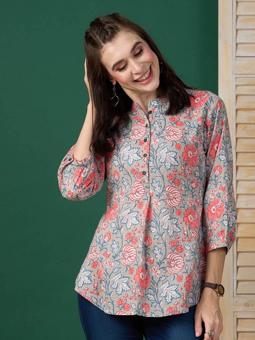 

ZOLA Floral Printed Mandarin Collar Embroidered Detail Cotton Tunic, Grey