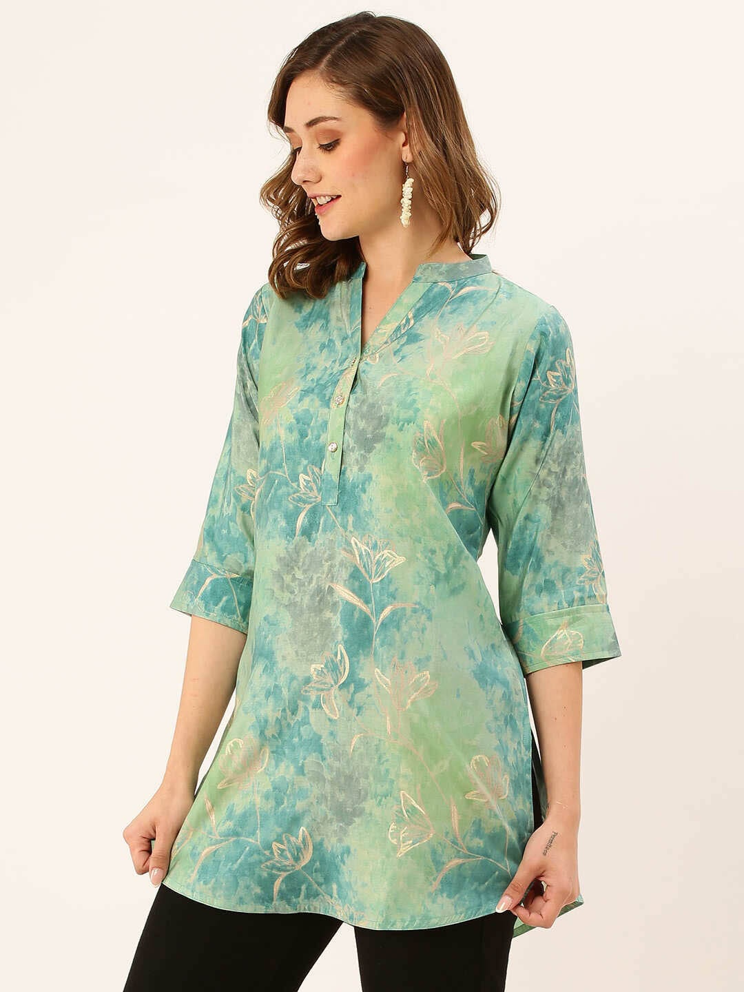 

ZOLA Floral Printed Mandarin Collar Tunic, Turquoise blue