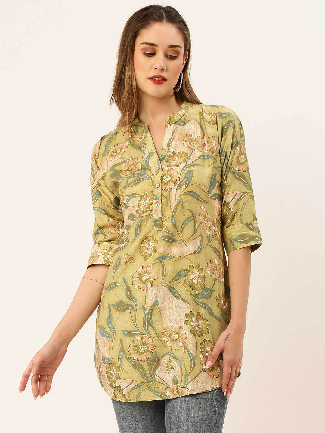 

ZOLA Floral Printed Mandarin Collar Cotton Tunic, Green