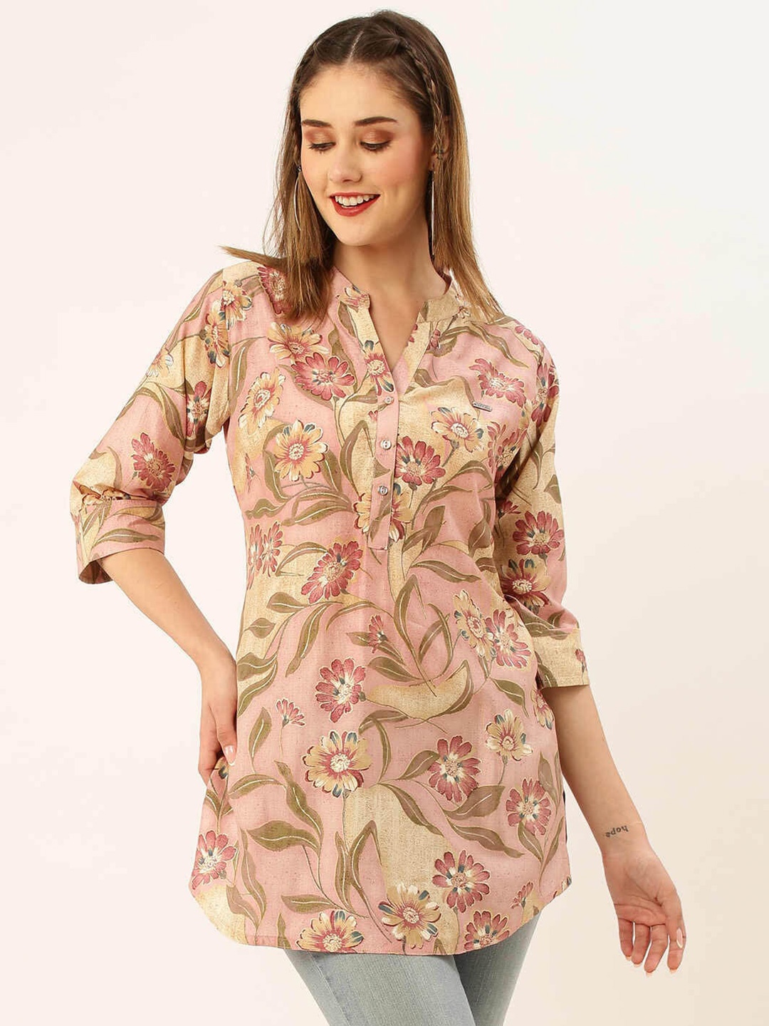 

ZOLA Pink & Green Floral Printed Mandarin Collar Cotton Tunic