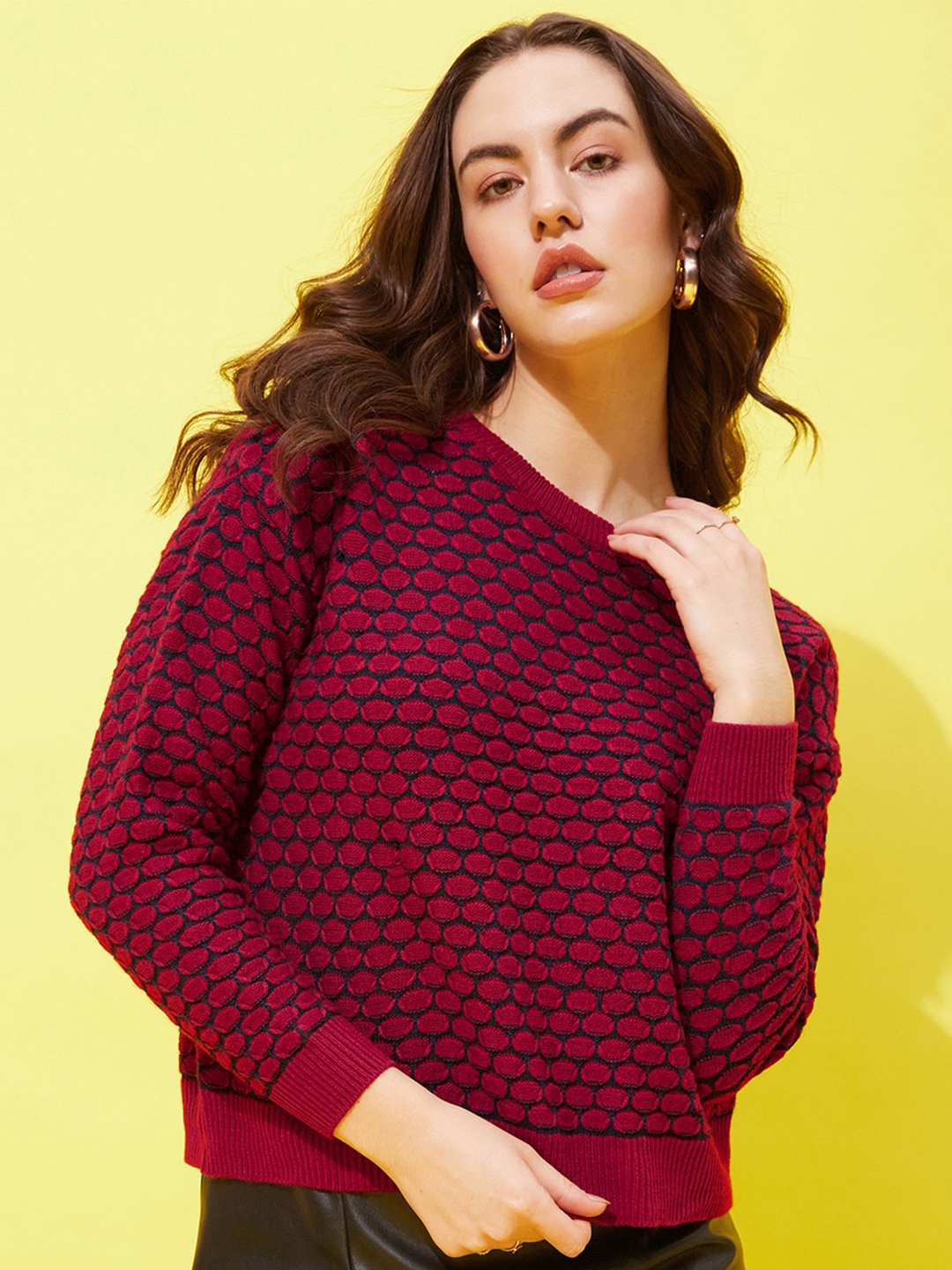 

Modeve Self Design Cable Knit Acrylic Pullover Sweater, Red