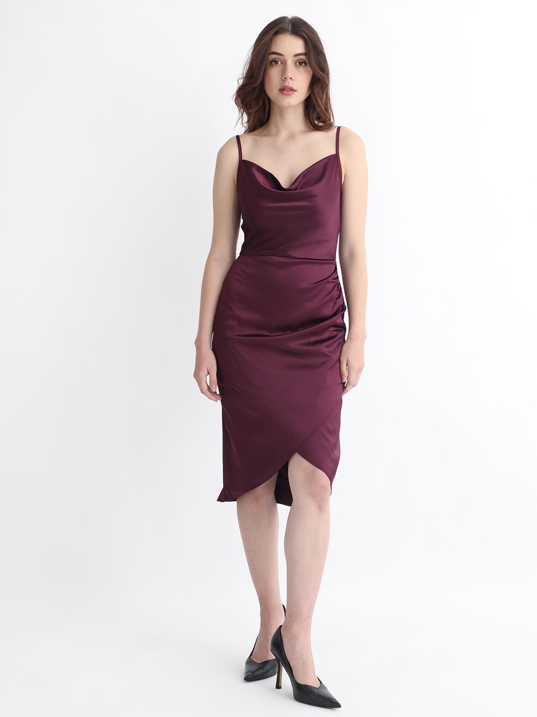 

RAREISM Shoulder Straps Sleeveless Gathered Detail Satin Slip-On Sheath Dress, Maroon