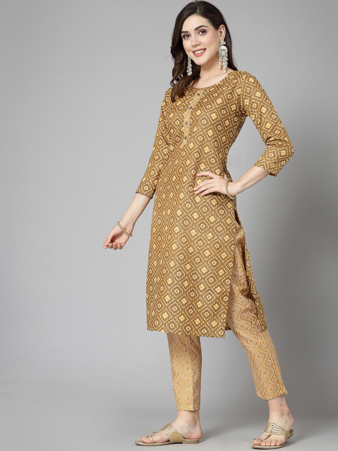 

Stylum Ethnic Motifs Printed Regular Kurta With Trousers, Camel brown