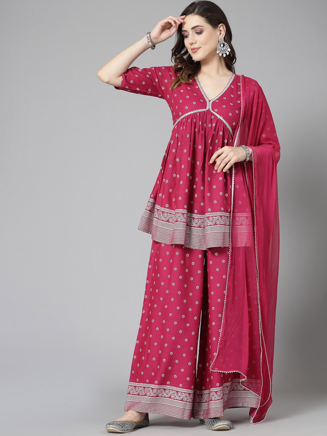 

Stylum Burgundy Ethnic Motifs Printed Empire Gotta Patti Kurta with Palazzos & Dupatta