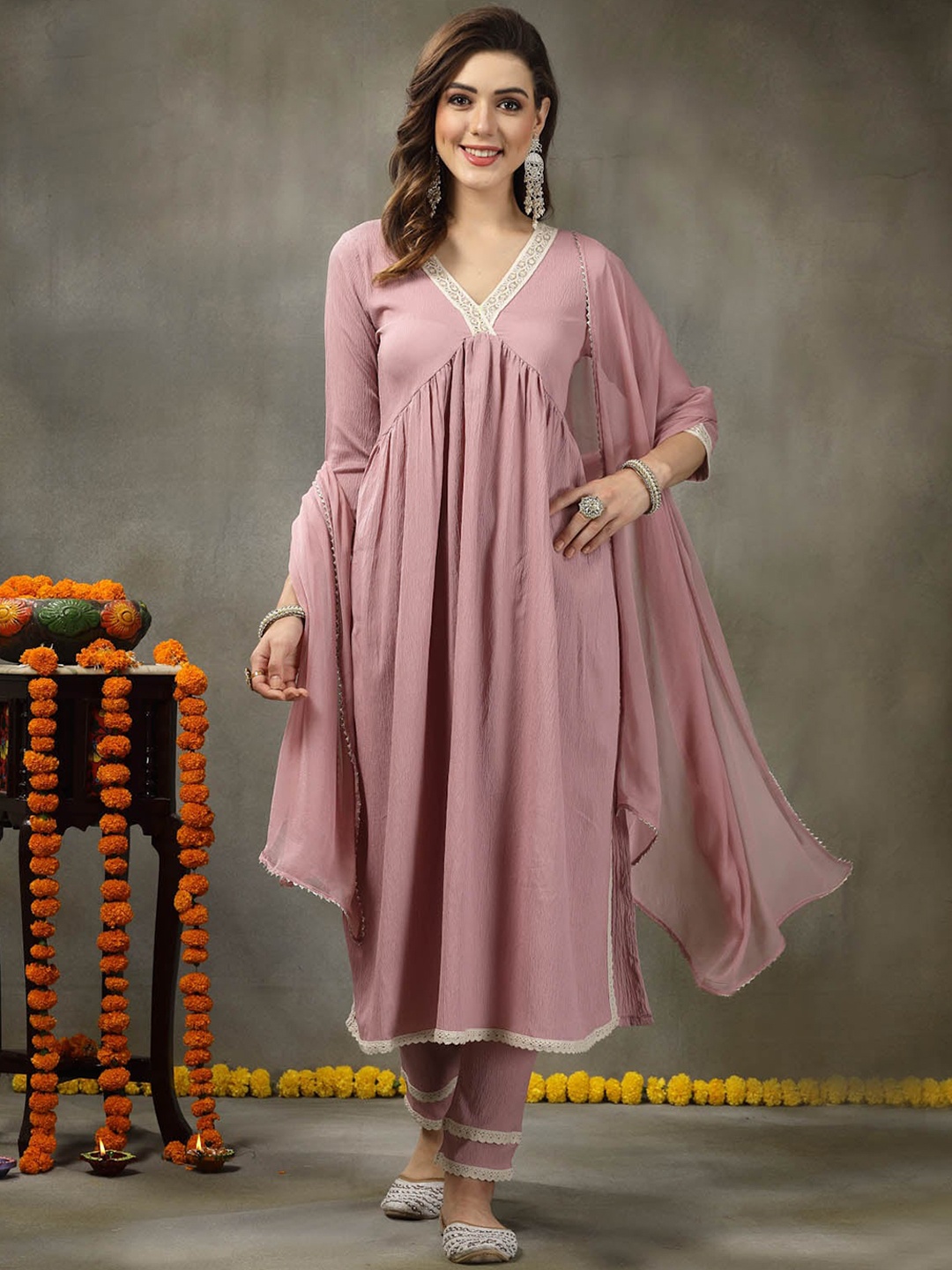 

Stylum Pink V-Neck Empire A-Line Kurta & Trousers With Dupatta