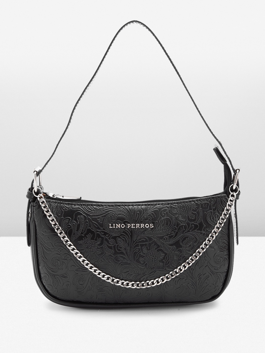 

Lino Perros Floral Textured Structured Shoulder Bag with Chain Detail, Black