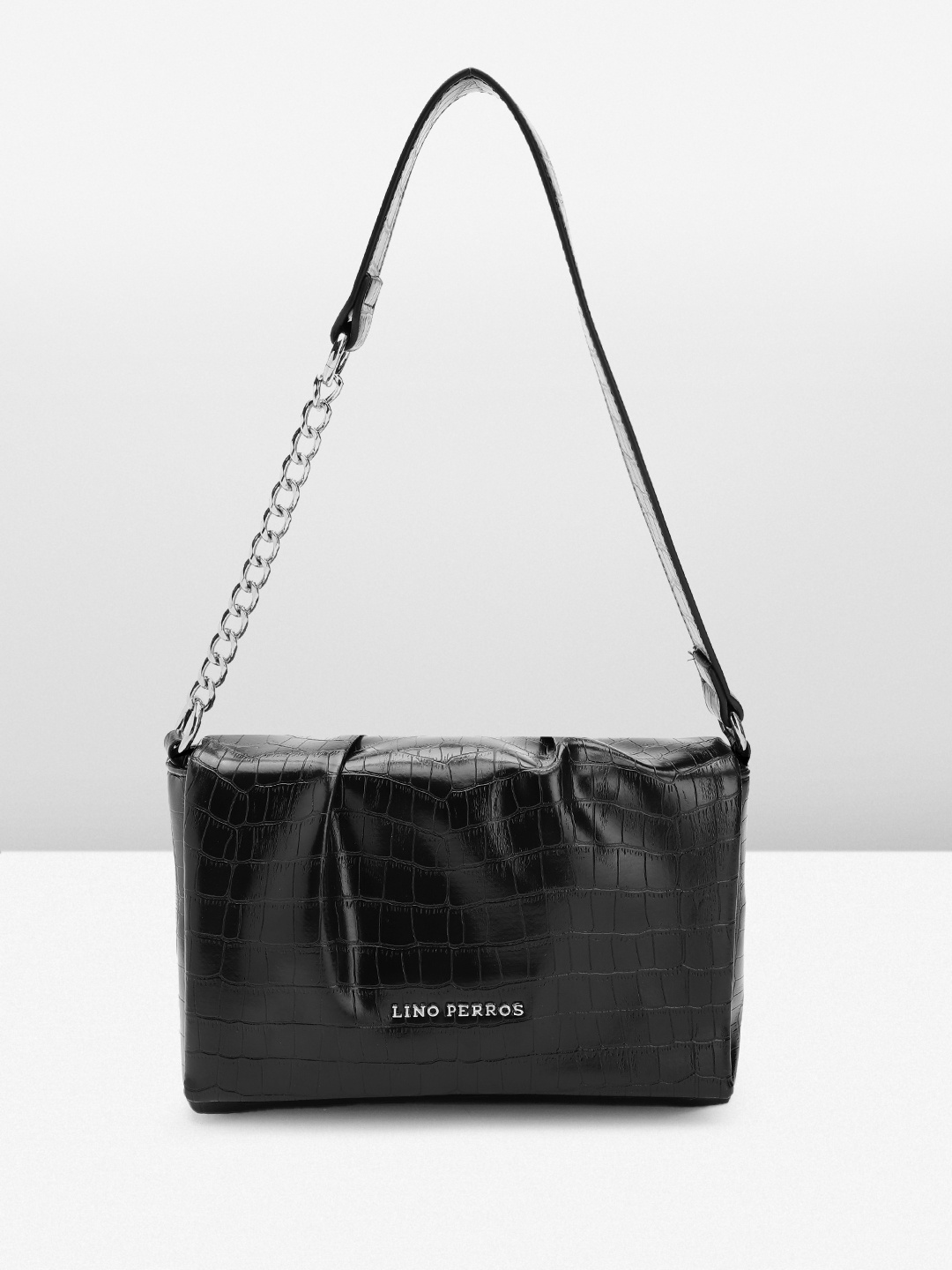 

Lino Perros Croc-Textured Structured Shoulder Bag, Black