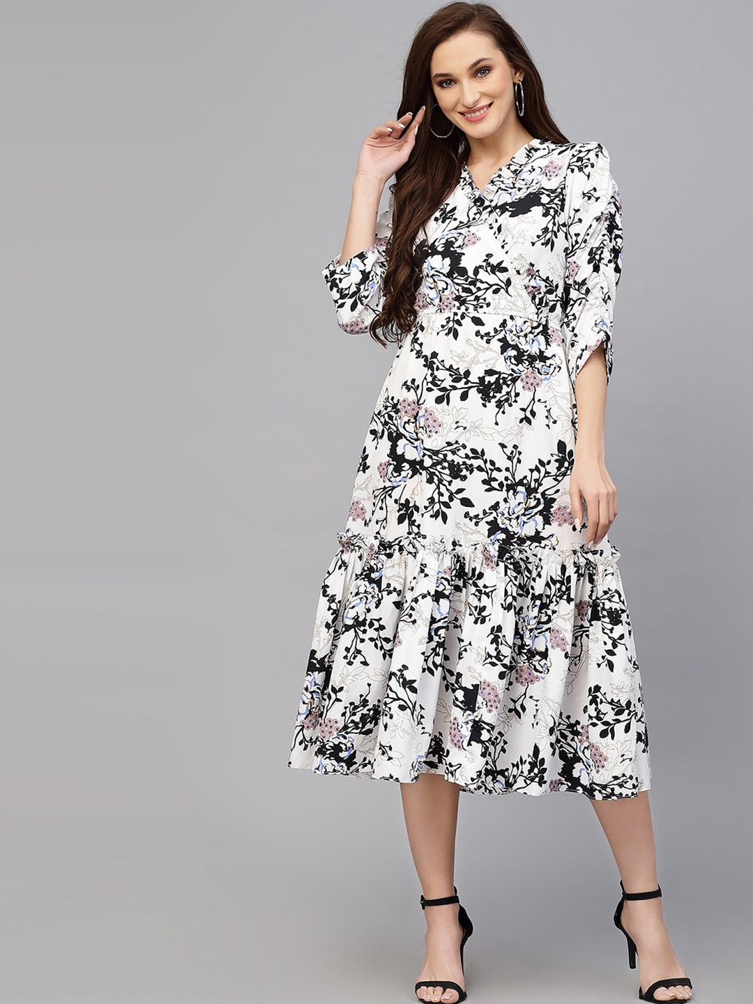 

Selvia Floral Printed V-Neck Puff Sleeve Fit & Flare Dress, White