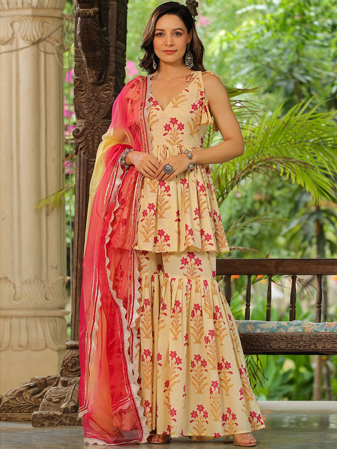 

Rangeelo Floral Printed Empire Pure Cotton Kurti with Sharara & Dupatta, Cream