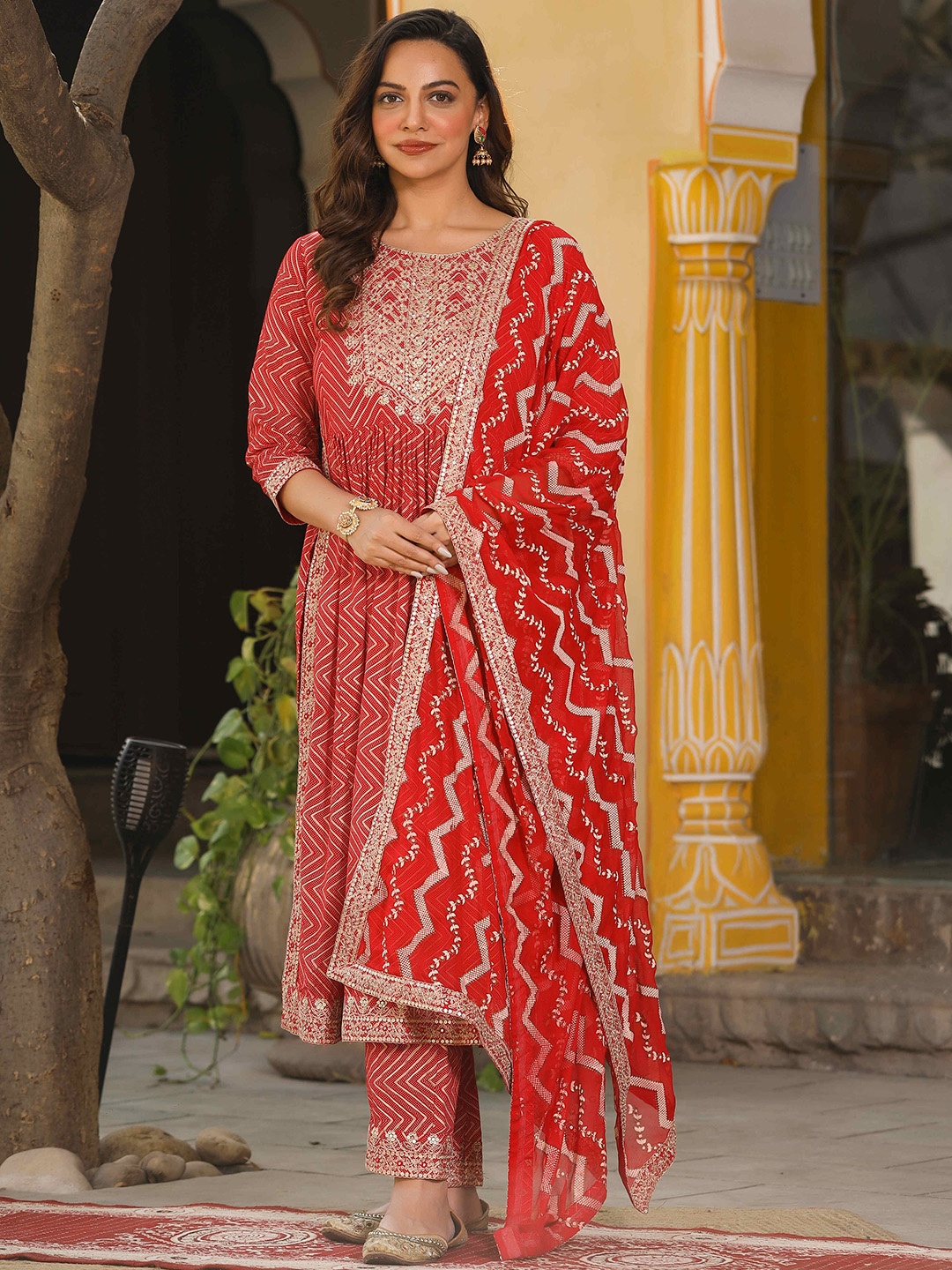 

Rangeelo Ethnic Motifs Embroidered Sequinned Kurta With Palazzos & Dupatta, Red