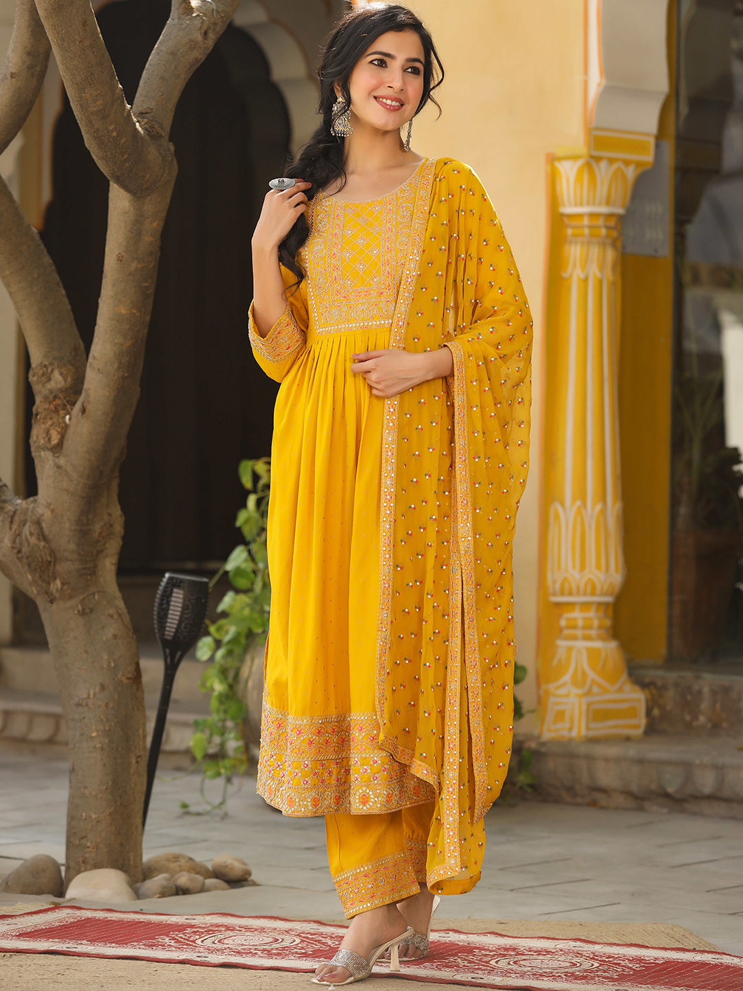 

Rangeelo Floral Embroidered Sequinned A-Line Kurta with Trousers & Dupatta, Yellow