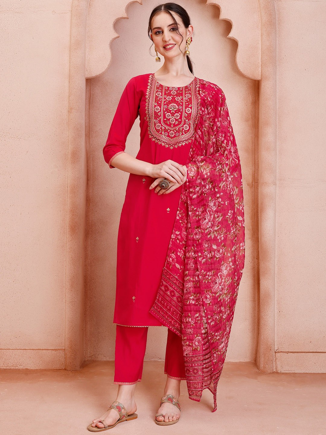 

Berrylicious Floral Embroidered Beads and Stones Chanderi Cotton Straight Kurta Set, Pink