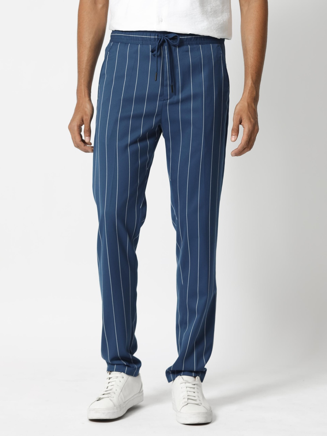 

RARE RABBIT Men Pixie Drawstring Striped Slim Fit Mid-Rise Trouser, Blue
