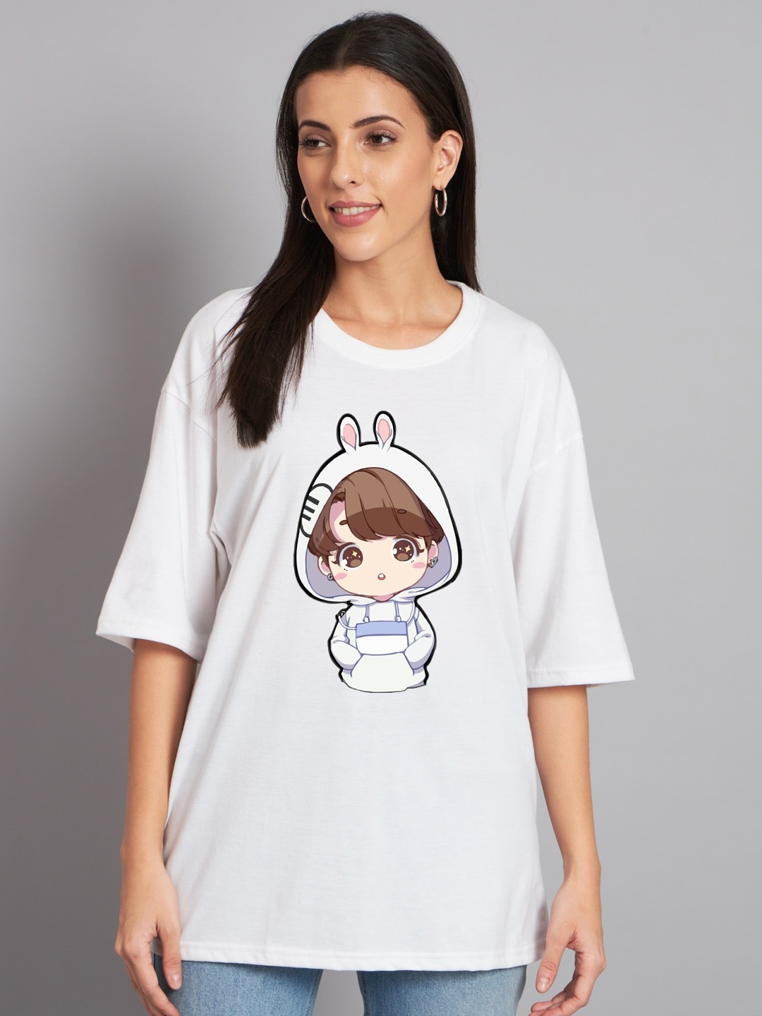 

Imsa Moda Graphic Printed Drop-Shoulder Sleeves Longline Oversized Cotton T-shirt, White