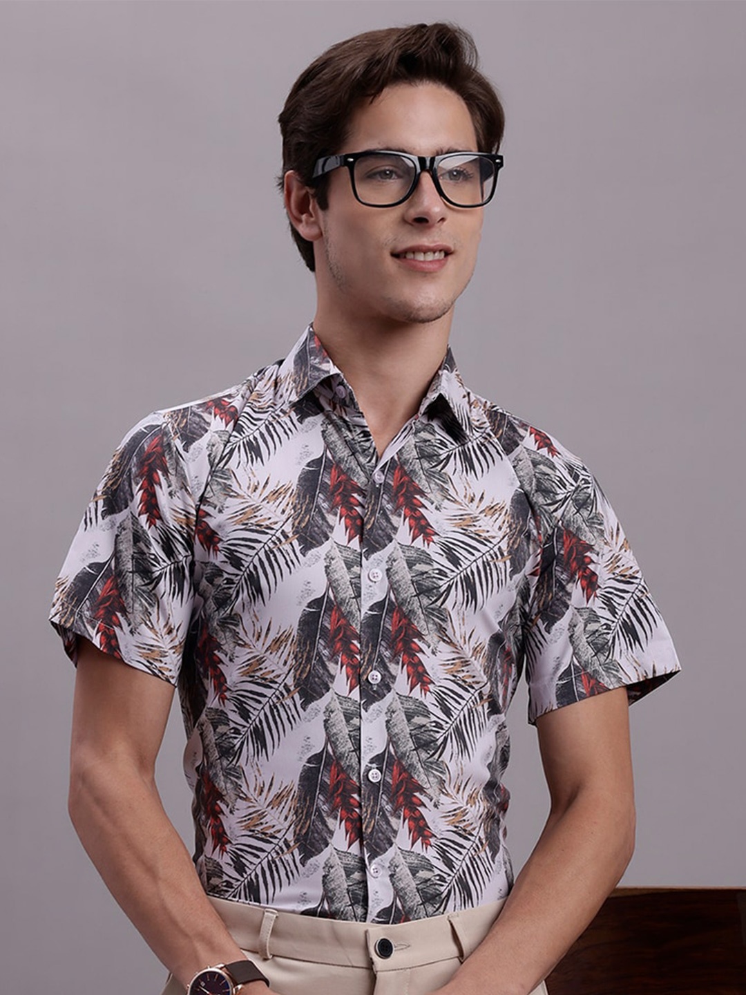 JAINISH Classic Floral Printed Spread Collar Regular Fit Polycotton Formal Shirt, Grey