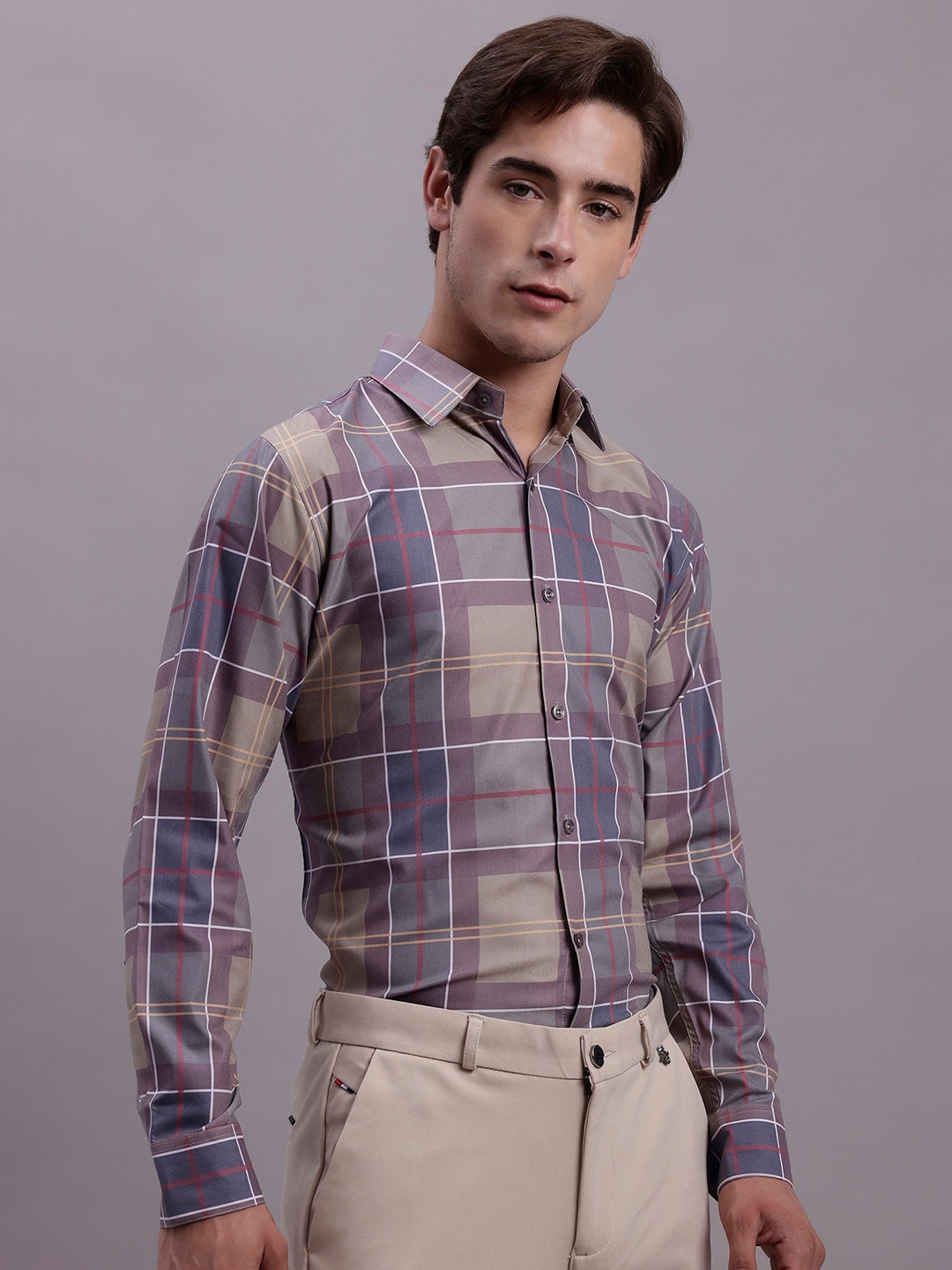 

JAINISH Classic Regular Fit Tartan Checks Spread Collar Long Sleeve Cotton Formal Shirt, Brown