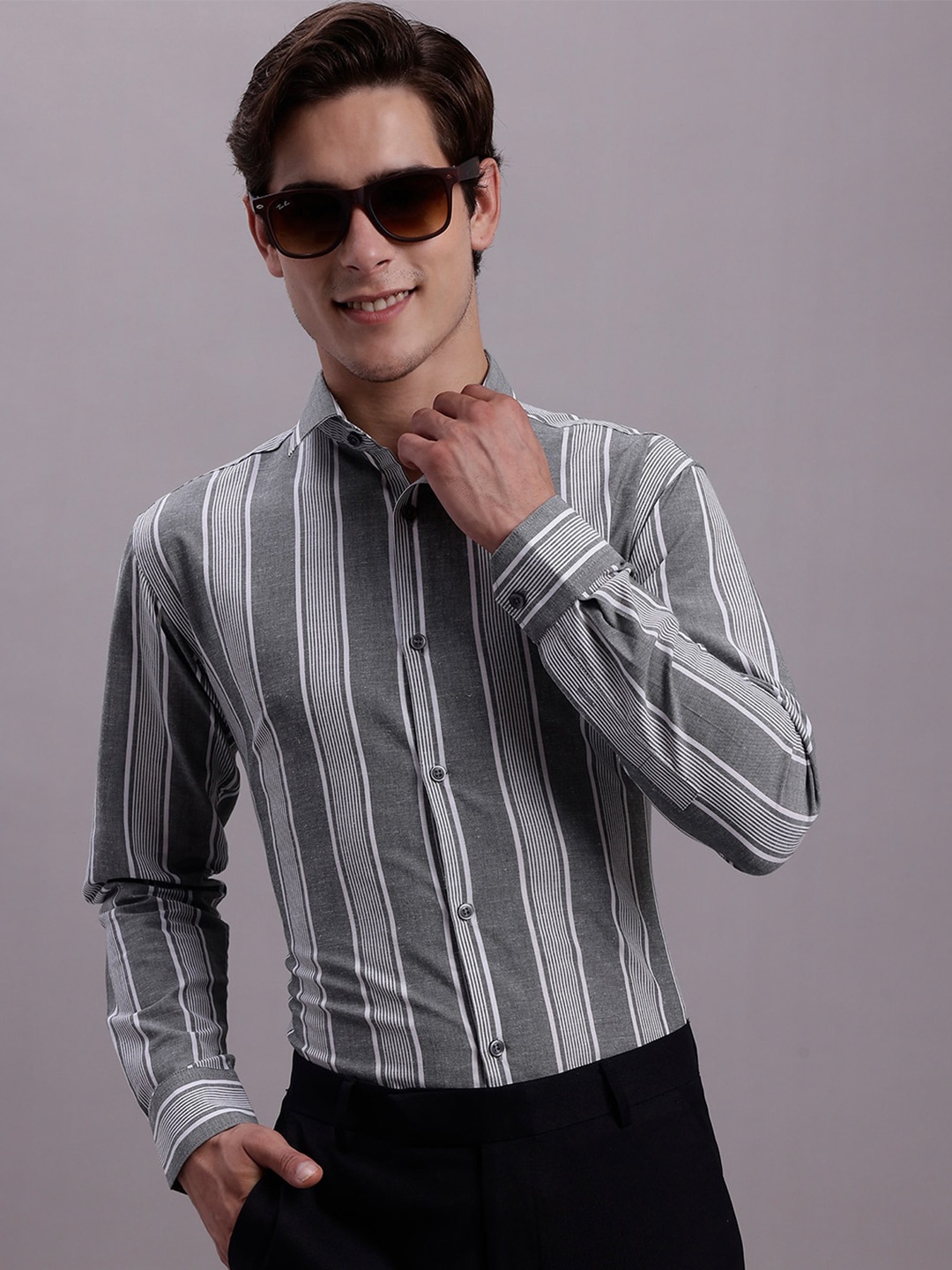 

JAINISH Classic Striped Spread Collar Regular Fit Polycotton Formal Shirt, Grey