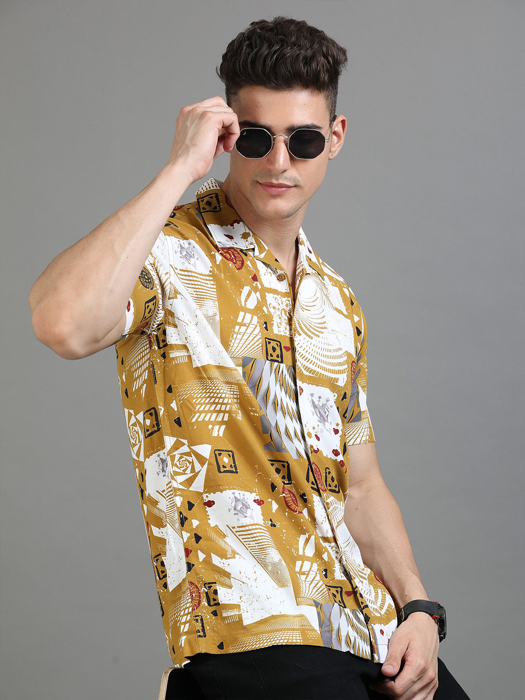 

HERE&NOW Geometric Printed Spread Collar Regular Fit Casual Shirt, White