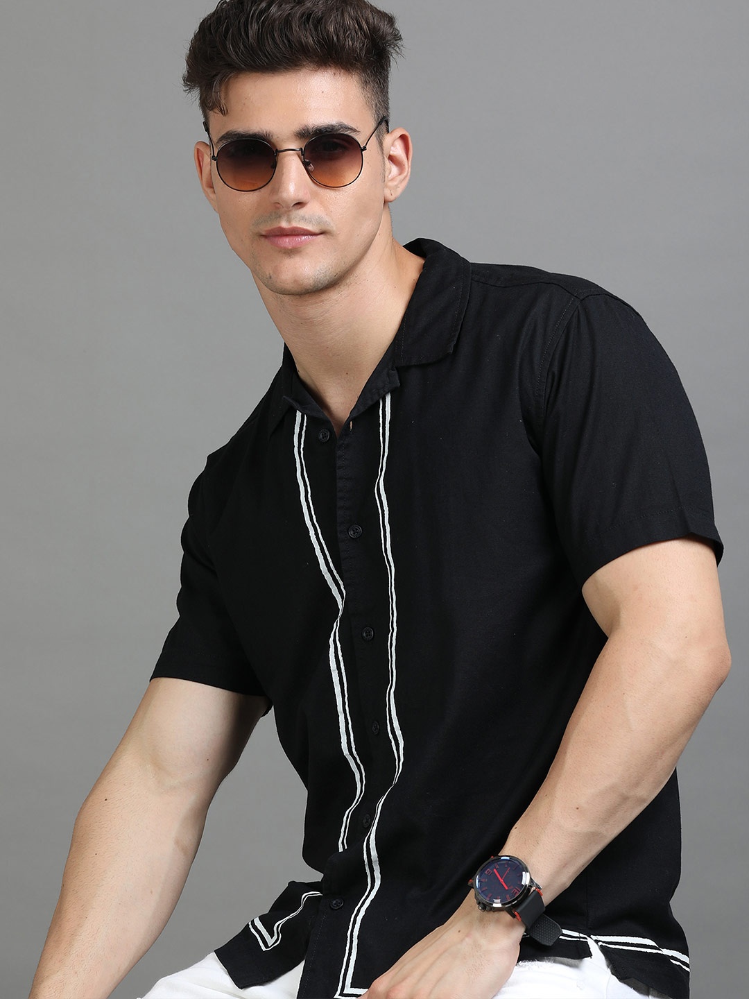 

HERE&NOW Spread Collar Regular Fit Cotton Casual Shirt, Black