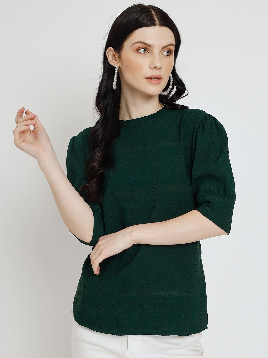

SHABLON Self Design Puffed Sleeves Top, Green