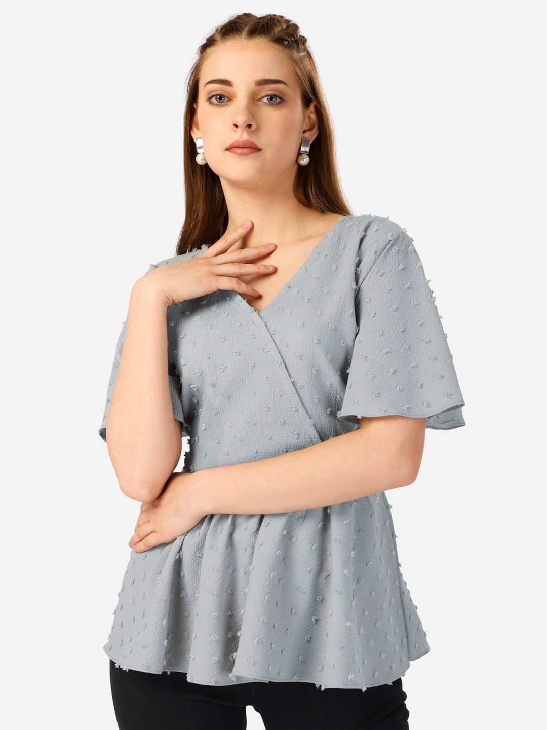 

SHABLON Self Design Flared Sleeves Cotton Peplum Top, Grey