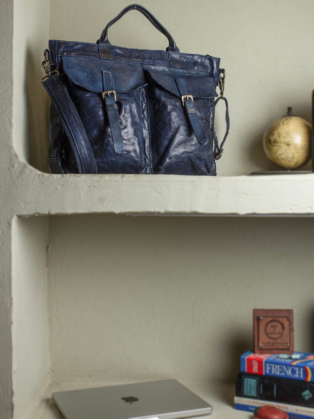 

ART N VINTAGE Unisex Leather Laptop Bag - Up to 18 inch, Navy blue