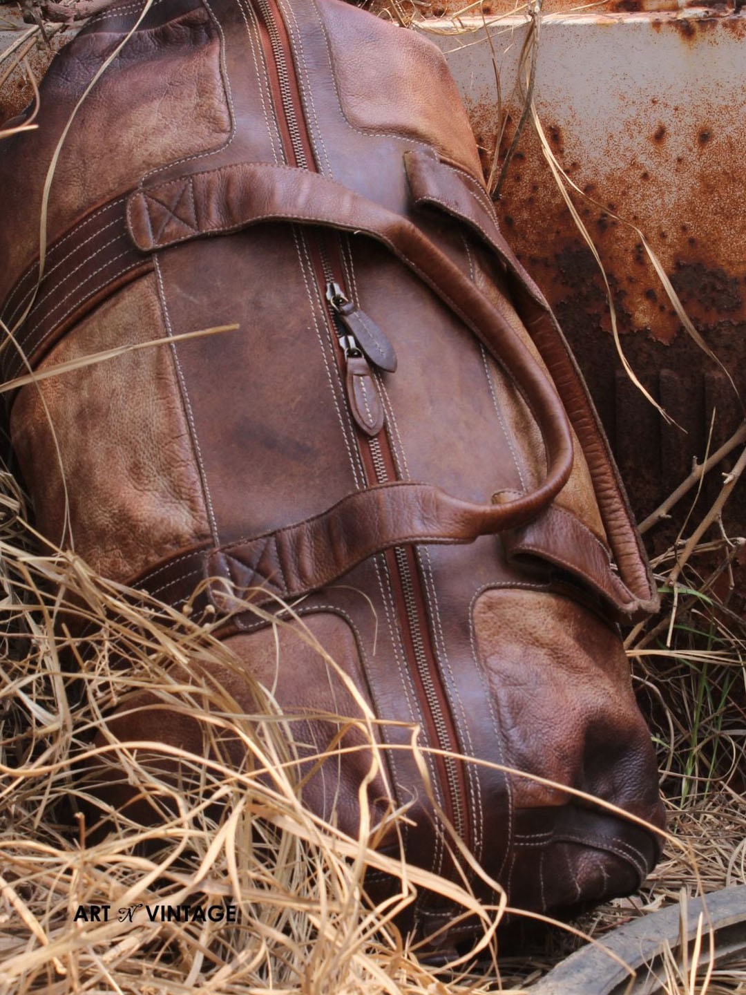 

ART N VINTAGE Unisex Water-Resistant Large Weekender Leather Duffel Bag, Brown