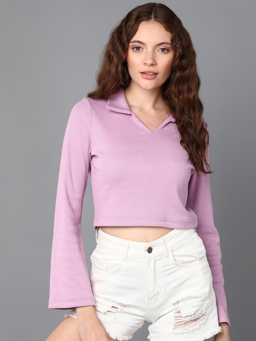 

The Roadster Lifestyle Co. Ribbed Flared Sleeves Cotton Crop Top, Purple