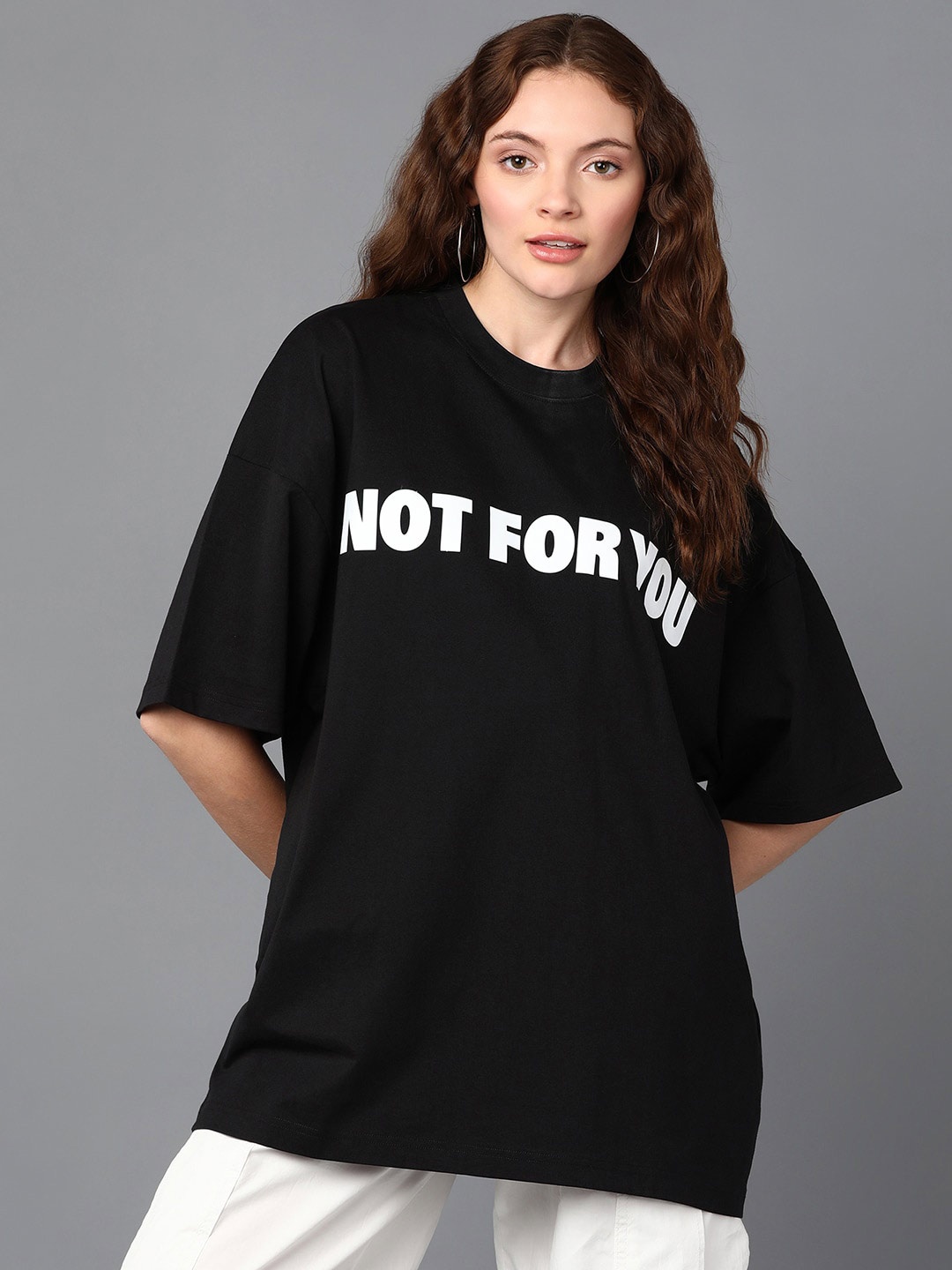 

Roadster Black Typography Printed Drop-Shoulder Sleeves Longline Oversized T-shirt